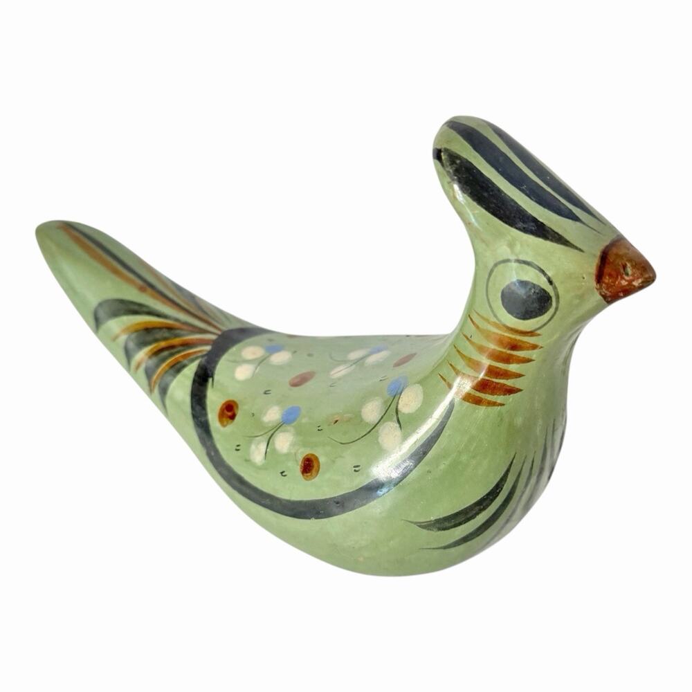 Vintage Tonala Bird Figurine Mexican Folk Art Pottery Green Floral